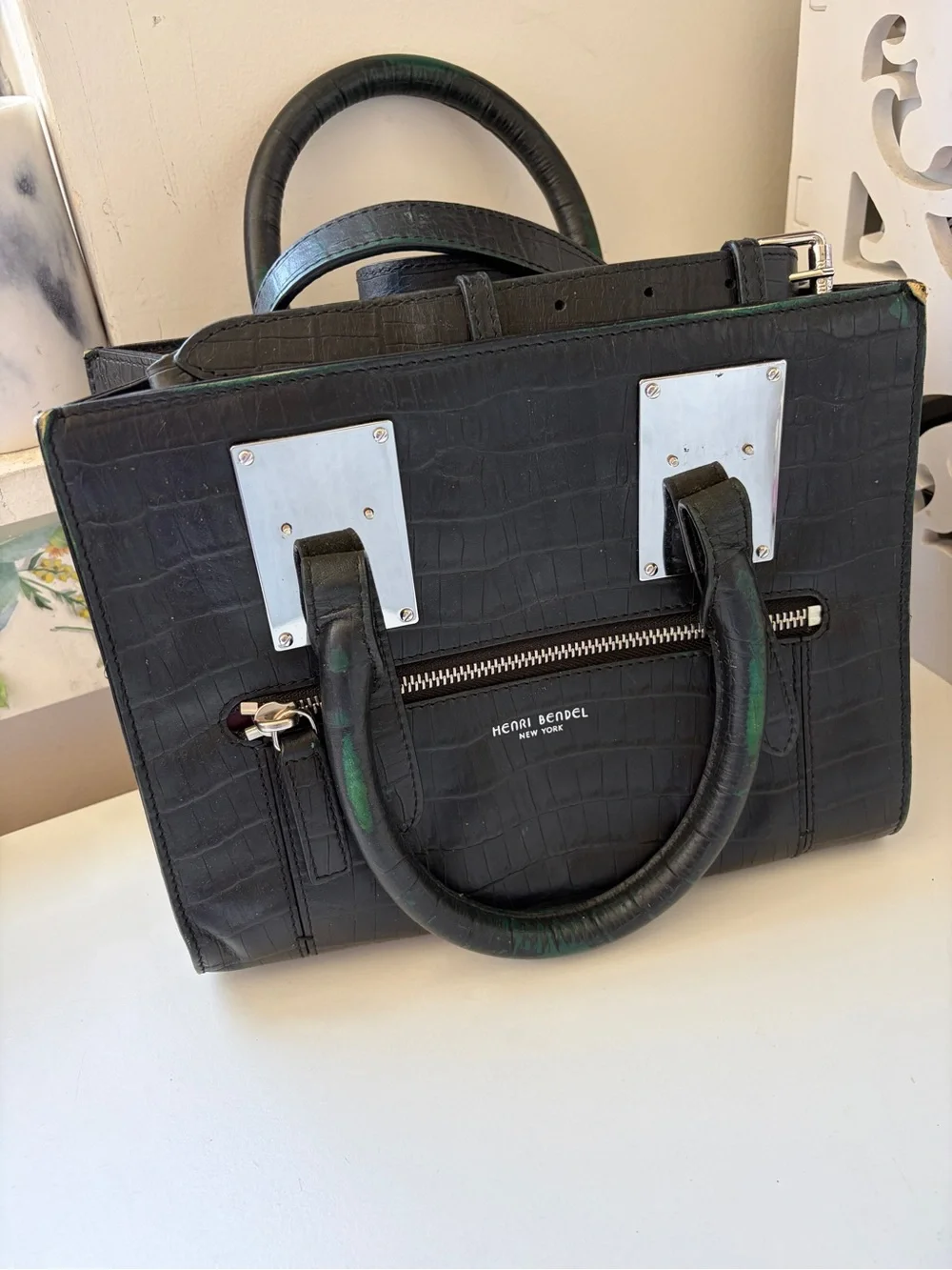 henri bendel Black Croc-Embossed Structured Top-Handle Bag